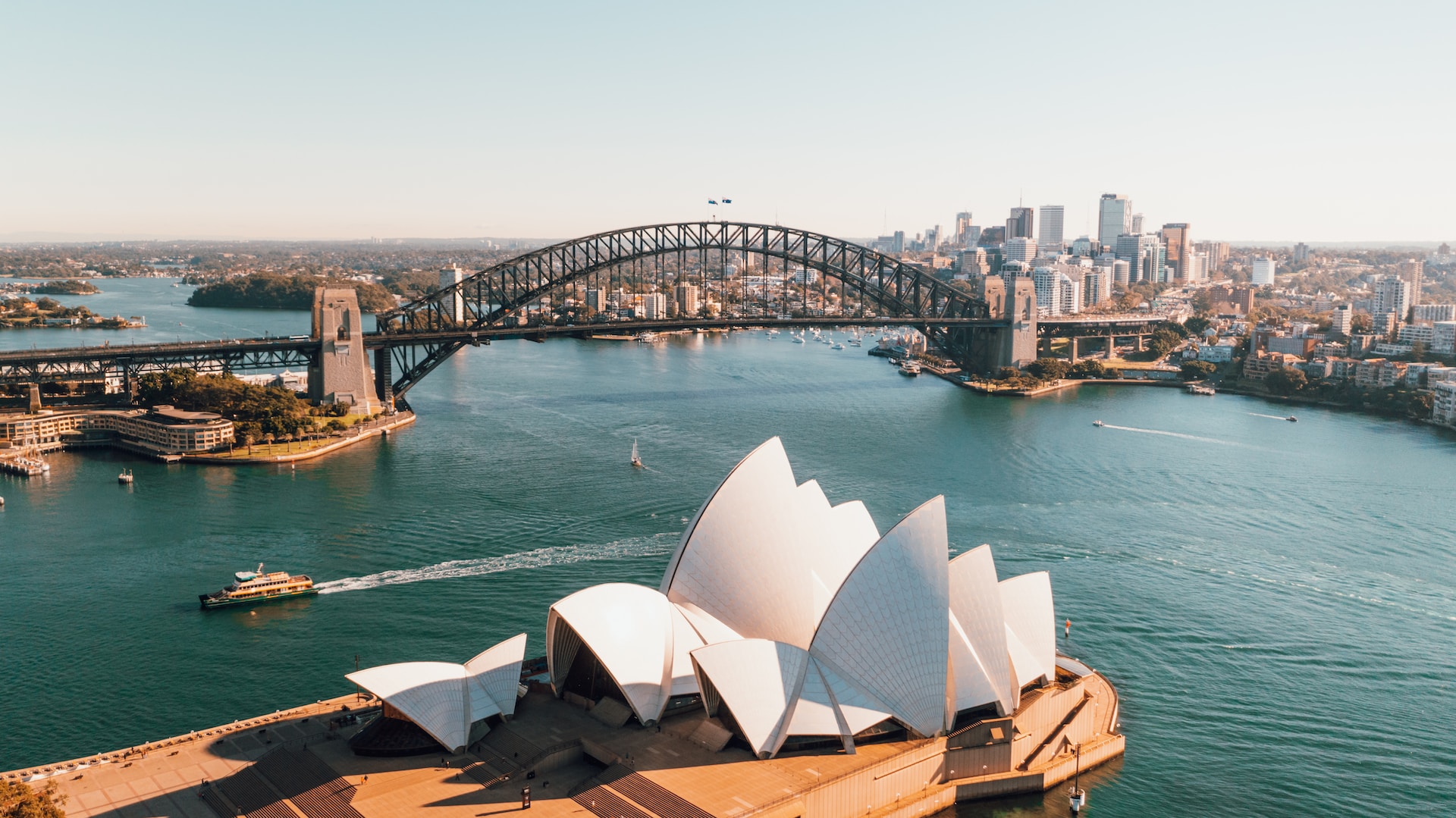 Aerial view of Sydney Harbour with Opera House and Harbour Bridge