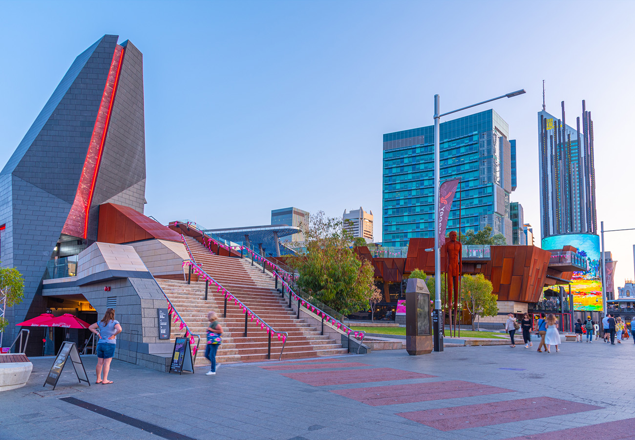 Perth Cultural Centre with modern architecture, grand staircase, and city skyline