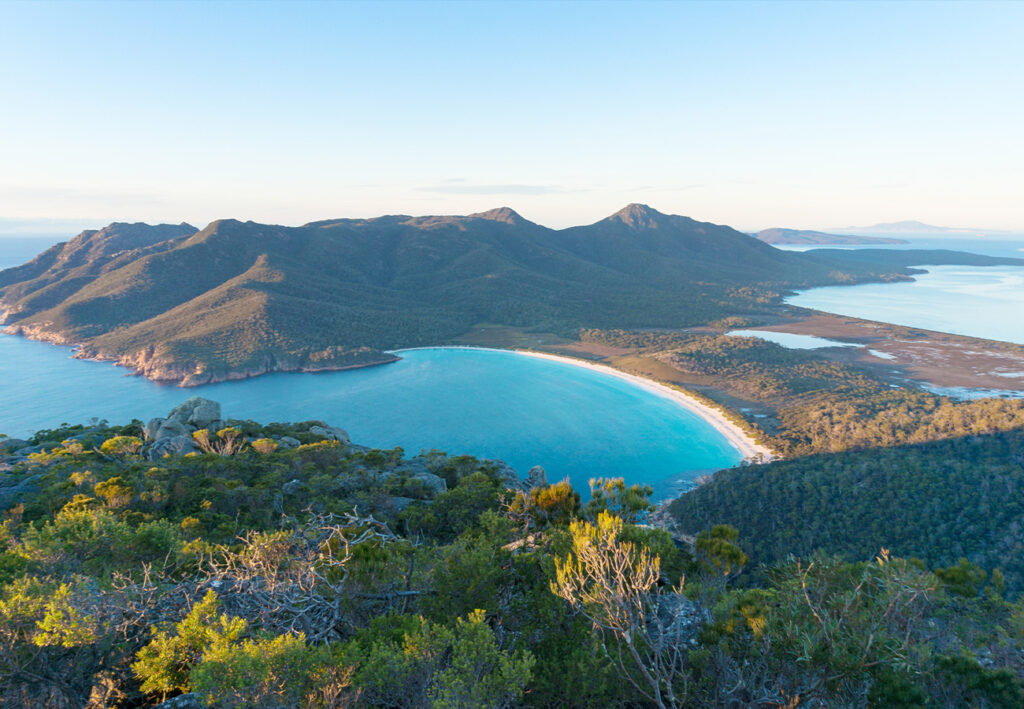 Aerial view of picturesque beach and mountains on Wineglass Bay, Tasmania
